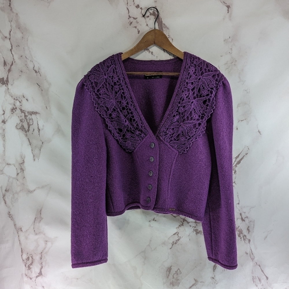 Geiger Jacket Women Medium 38 Purple Boiled Wool Button Puff Sleeve Crochet Vtg